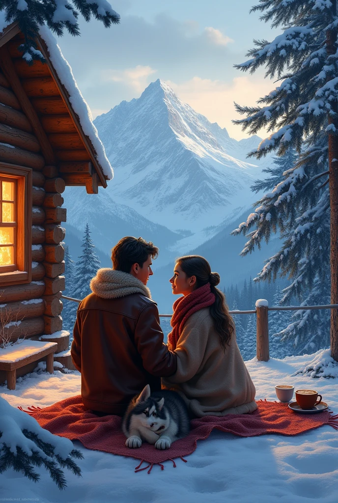 a couple of a man with glasses and a woman with long black hair inside a chalet in the mountains with a pet cat