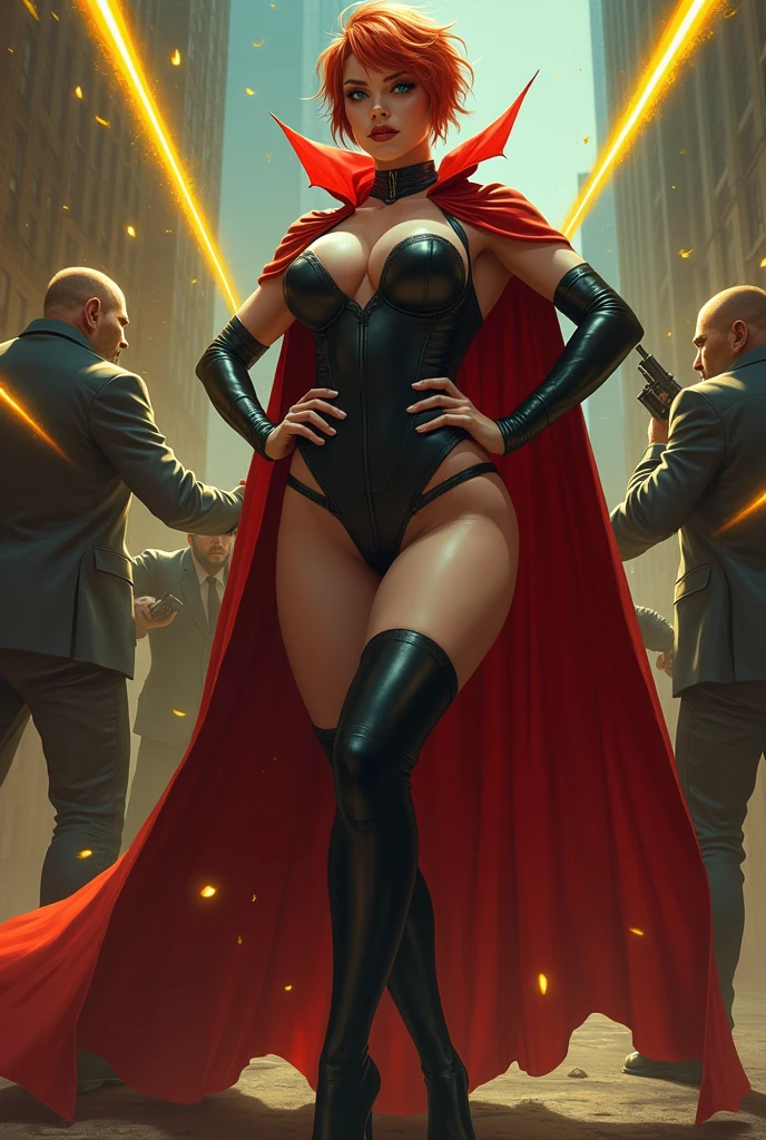 赤superheroine, named crimson bullet, she was captured, ((rough rope wrapped around chest, tighten up)), static restrained, ((arms behind back 1.5)), chained, rope bind, collared, cruelly, painful, helpless, humiliating, regrettable, being whipped, now she escaped from prison and running. she remains tied up. enemy soldiers' gunfire is hitting her, ((screaming in pain)), she wears a form-fitting (red bodysuit) that accentuates her athletic figure. The bodysuit has gold accents, a star emblem on the chest, and intricate designs on the shoulders, hips, and thighs. The suit's material has a metallic sheen that reflects the surrounding light, emphasizing the futuristic theme. Her hair is shiny black and very long has well-groomed waves. She wears long red metallic gloves and matching (red thigh-high boots), both decorated with gold trim. A futuristic gauntlet is worn on her right arm