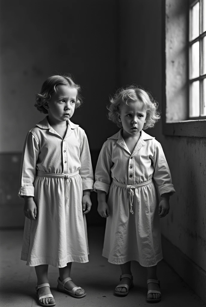There are two little children next to each other., grainy damaged photo, negativo de vidrio, Foto granulada en blanco y negro, Foto granulada en blanco y negro, damaged photo, Location unknown, 1 9 4 2, 1942, 1940, 1 9 4 0, two girls, 1 9 4 4, 1944