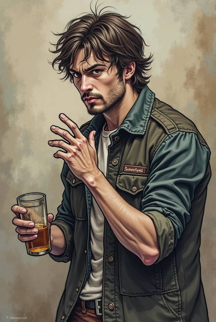 A sketch of a A 19 years old musician  stressed holding a liquor bottle and cigarette  