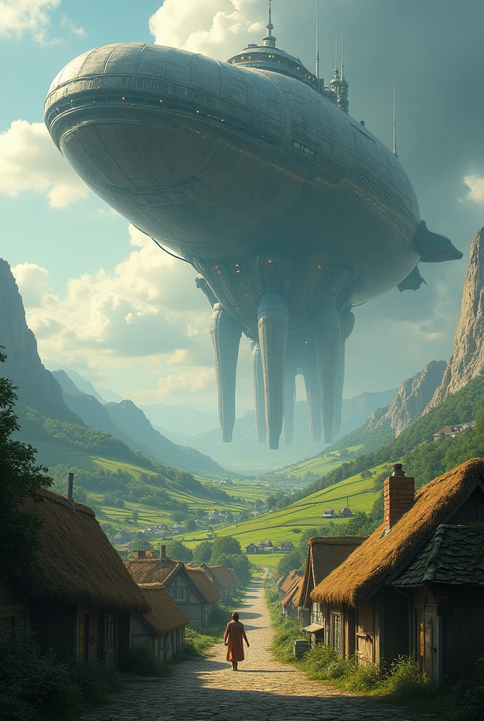  Alien coming down from a giant ship, Village theme in the countryside  
