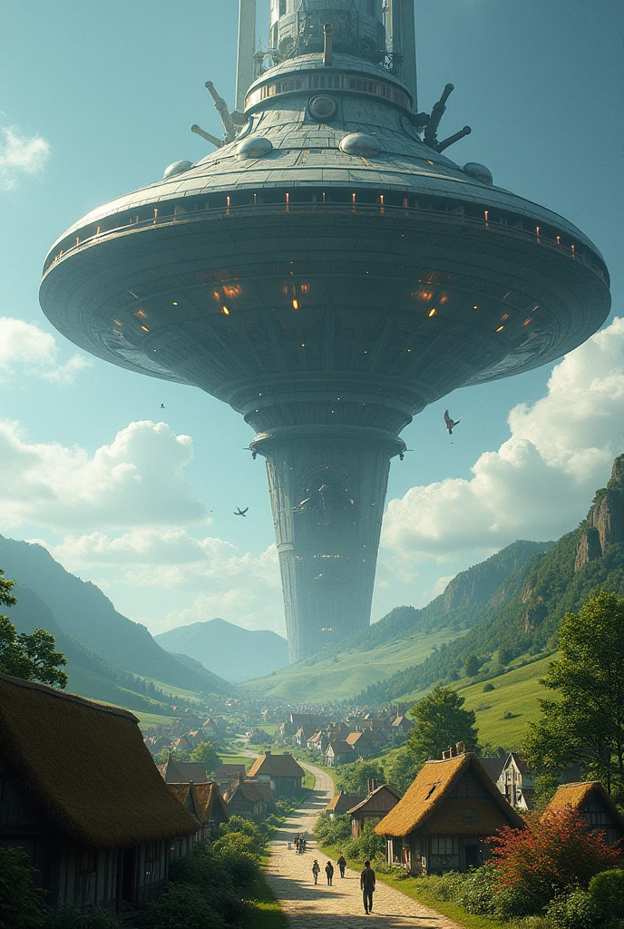 a group of alien-like creature with cloud head, walking towards a spacecraft, mountain on the background, pastel colors, surreal atmosphere, dreamcore, raw photo, film grain, aerial shot, shot using 1960s camera