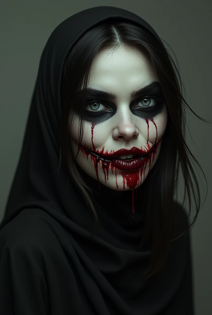 a painting of a half-bodied woman with a blank stare, her face pale, and thick black blood flowing from her eyes. His lips curved in a very scary smile, dressed all in black to the point of frightening anyone who saw him