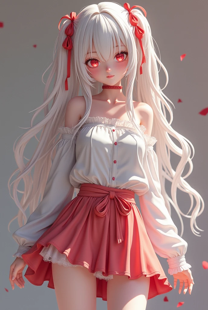 Create a beautiful japanese albino having red eyes, white hair, blushes, beautiful rose like layered and wet pussy, perfect tits, wearing full leg torn stockings and off-shoulder loose shirt and a newly styled beautiful skirt, (tall), (20 years old girl), perfect looking , perfect anatomy, beautiful face, highly detailed, 3d anime, cartoonic, large tits, background of a Japanese tradition, jawlines face , perfect face