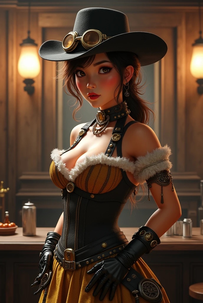 une fille, seulement, (bousiller, haut du corps, vue de face:1.2), yeux noirs, Jenna Ortega, Capitaine Jack Sparrow, pirate, Chapeau de pirate, tenue de pirate, corset, (seins moyens, medium breast, clivage:1.2), (chef-d'œuvre, très détaillé, regarde le spectateur, fond gris estompé brillant, fond dégradé pulvérisé, arrière-plan estompé:1.2)