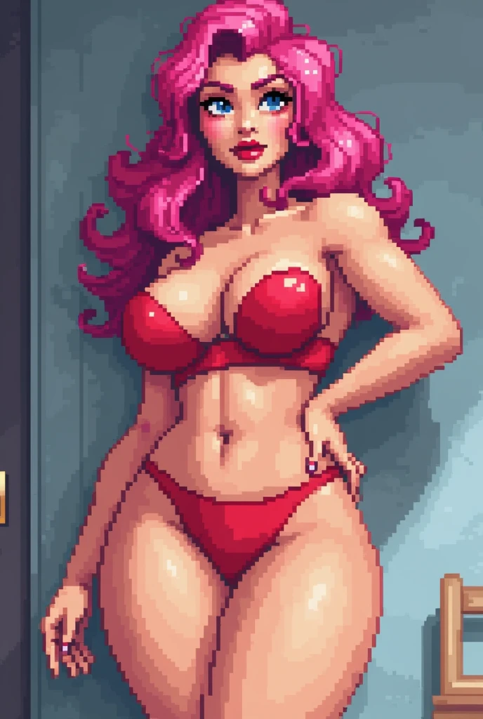 A digital cartoon of a video game girl in a revealing pink and white lingerie, with pasties covering her nipples, flaunts a confident pose. Her pink hair cascades down her back in long curls, and her tongue peeks out playfully, suspended between parted lips. With huge breasts that form a captivating contrast to her frame, she gazes directly at the camera, unapologetic for her bold display of seduction. The overall art style should be vibrant and eye-catching, resembling the aesthetics of popular video games. Use Adobe Illustrator to ensure crisp lines and a consistent look that showcases the intricacies of her