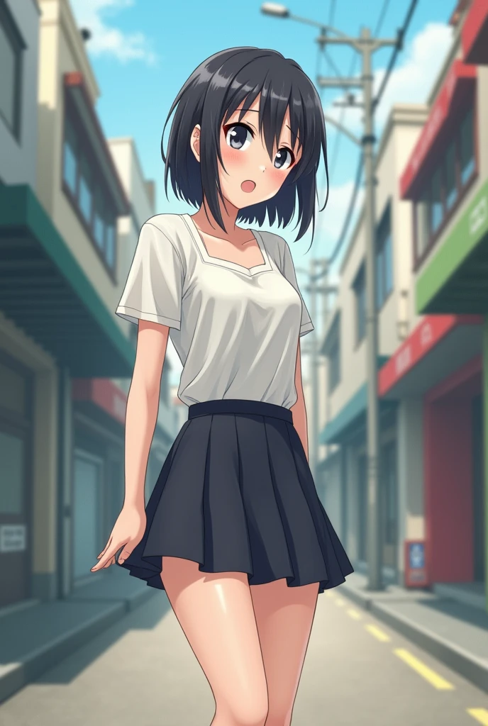 One woman, blush, Smiling front open mouth, Short Hair, Black Hair, Feel Small Breasts Pubic Hair 8k, Very detailed, 16k, (naked), Outdoors Walking Black eyes Pink polo shirt Short sleeves Black skirt Skirt lifting Skirt lifting No panties Pussy
