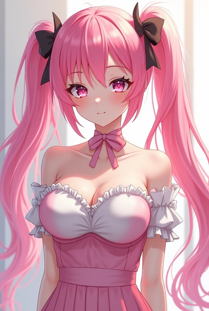 (Highest quality,High resolution,Ultra-detailed,girl)black tights,Pink Hair,Height: 160cm,cute,Pink Eyes,I'm wearing a white dress,Twin tails,Big Breasts,Her eyes are white and shining,Has bright white eyes,Naked and looking at me,I have a very embarrassed look,I'm wearing pink underwear,
