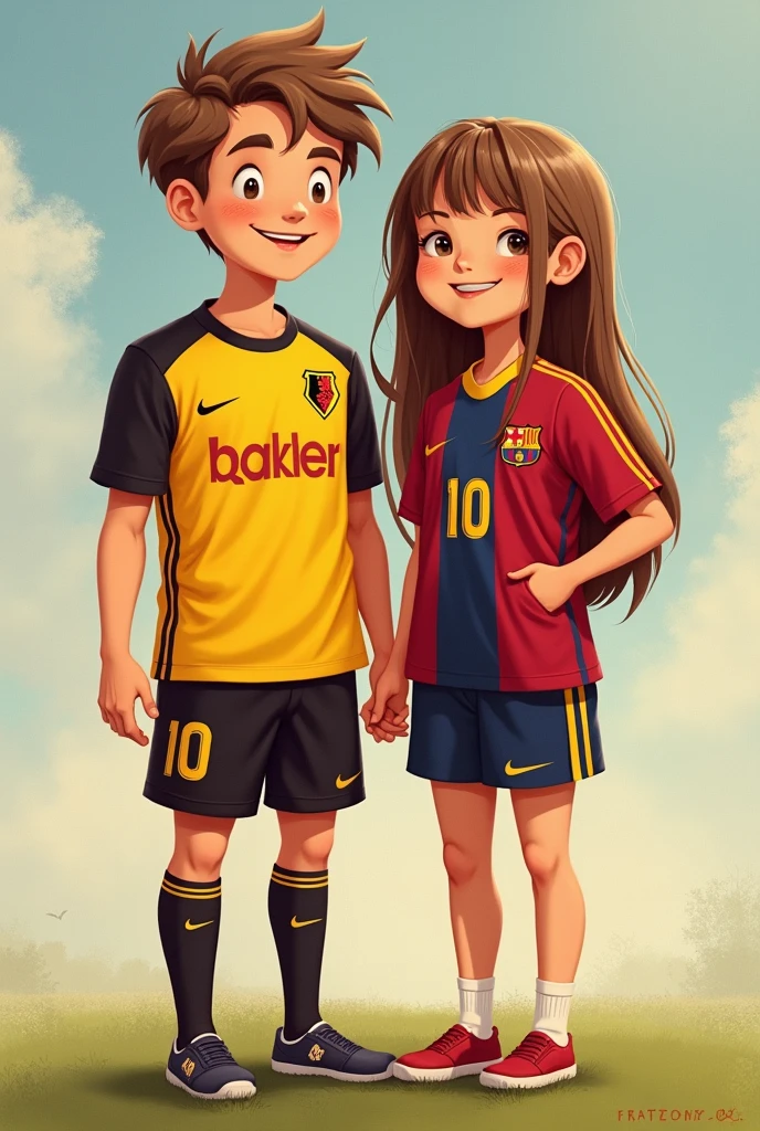 Tall girl with brown colour wearing an arsenal jersey with jersey number 10 and jersey name FELICE holding hands together with dark  skinned short 18 year old boy wearing Liverpool jersey with Liverpool badge with jersey number 66 and jersey name VALENTINE looking at each other with love.
Girl should be taller than boy.
Back positions should be shown.