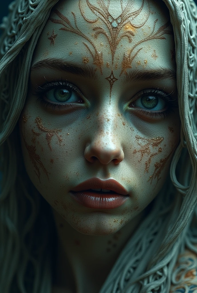 Surrealism, face, statue, cracks, molten gold in cracks, old sorceress, green algae, silver hair, black eyes, flowers