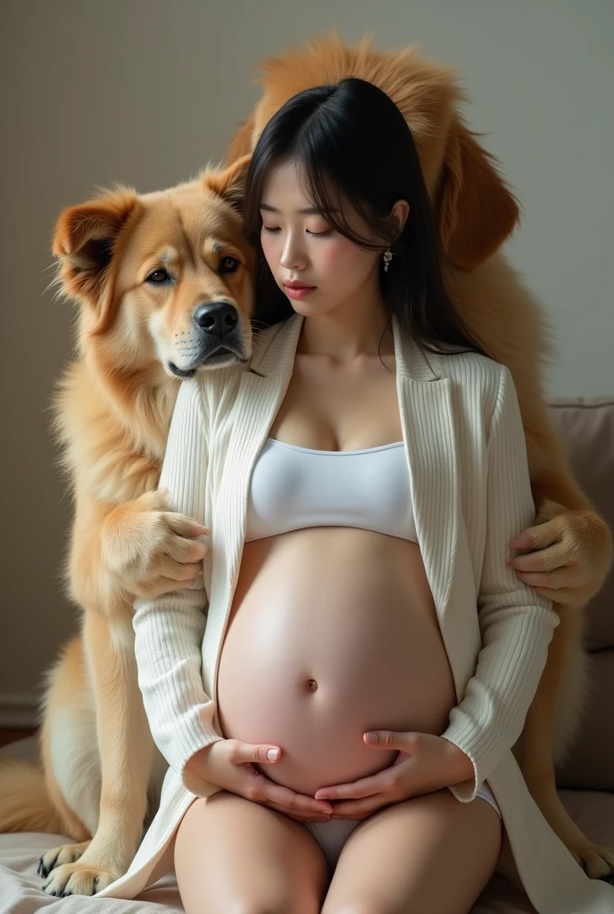 MagazineCover,FULL BODYSHOT,sideshot、 flat chested girl and retriever dog,shyly smile,7 months pregetriever dog hug,Real Light,Commemorative photo of a pregnant woman and her retriever dog in Japan、(NSFW)