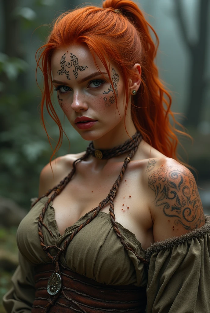Female model,40 years old,Chinese tribe,thick body type,big breasts,tattooed white skin,big breasts,big ass thick thighs,facing a seductive smile,ginger hair color,ponytail hair type,blue eye color,carnival costume clothing,whole body distance,dynamic angle,seductive pose action,forest lake place,dark moon scene lights,realism style