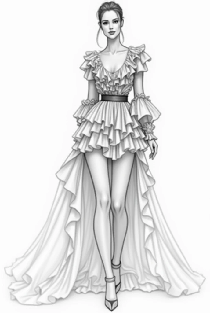 Sketch of woman in underwear looking full body front, light skin color white hair with makeup 