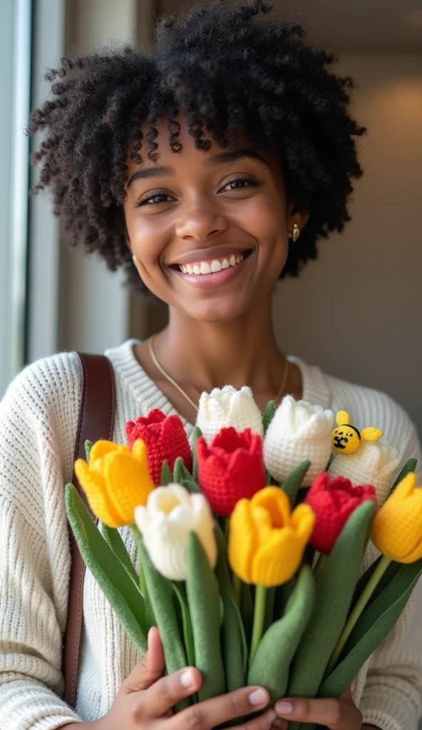 create an image of a Maritimu's Stylos store employee wearing a plain white t-shirt. this employee will be smiling showing a personalized mug. The employee will be brown and will have slightly curly hair and a slightly slanted eye, will have a slightly rounded face and will be smiling