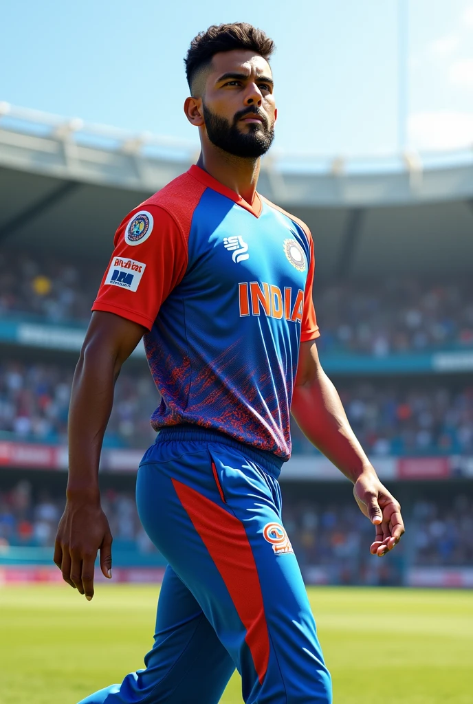 30 years old Muscular indian cricket player with sharp chin dimples beautiful eyes spiky black hairs fall on his face, in cricket stadium with tight blue jersey with huge bulge, standing in style, trending on artstation, sharp focus, studio photo, intricate details, highly detailed, head to thighs fit in photo