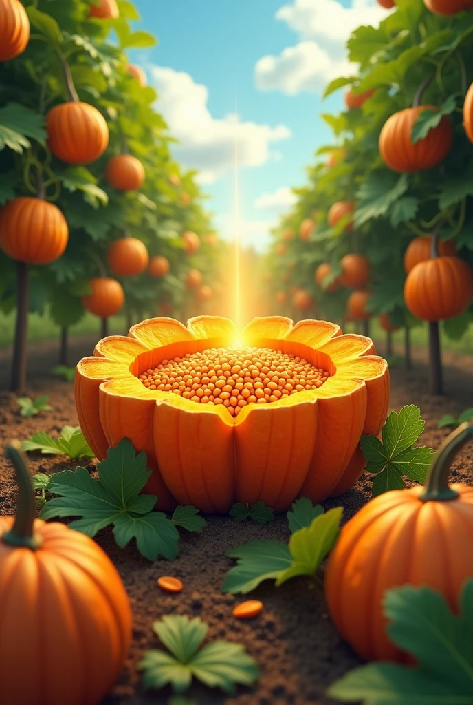 A small artistic yellow pumpkin, Spotlight, on the ground of a meadow. Not a pumpkin