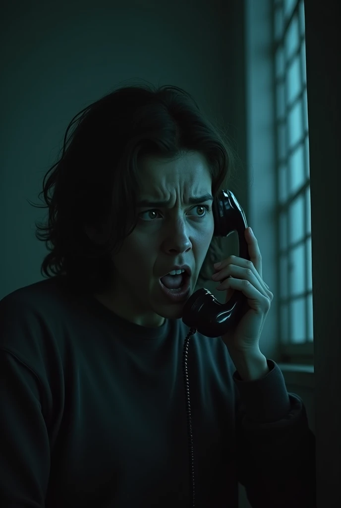 A person calling from vintage phone with horrible look