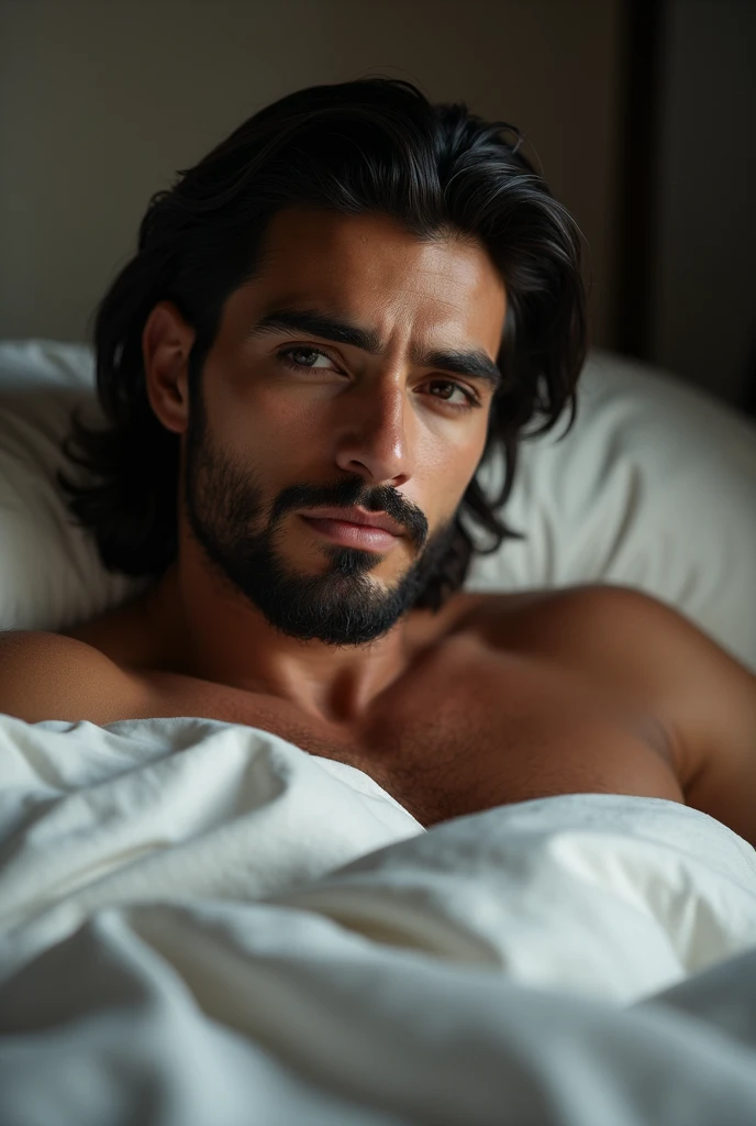 man long curly hair muscle short beard brief bulge bed