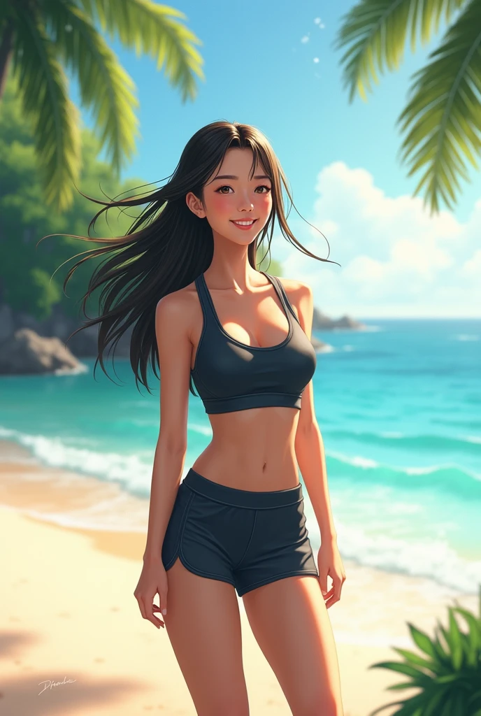 A Japanese woman smiling on the beach wearing a gym outfit.