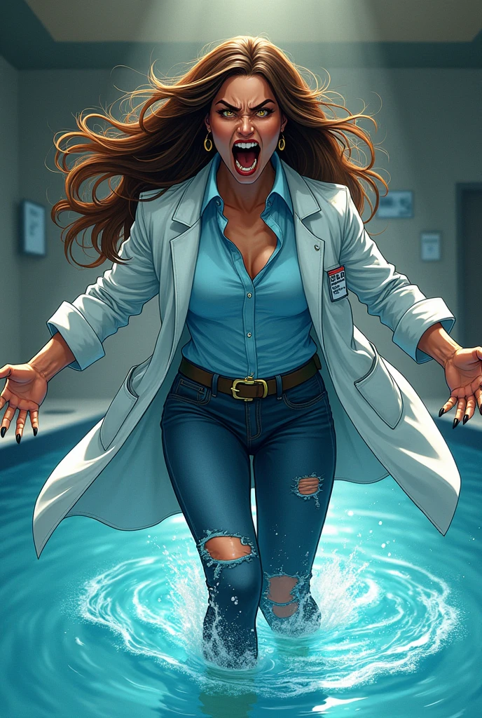 Action scene of an evil villainess, ponytail brown hair, blue eyes, full body, bloody surgery room covered in ice (setting), thin lips, {blue lipgloss}, square framed glasses, makeup, evil smile, light pink blouse, black pants, white lab coat, black ankle boots, blue mechanical gloves, ice powers, blood splatter, people encased in ice, trapped people, cut open, impaled, experimented on, death.