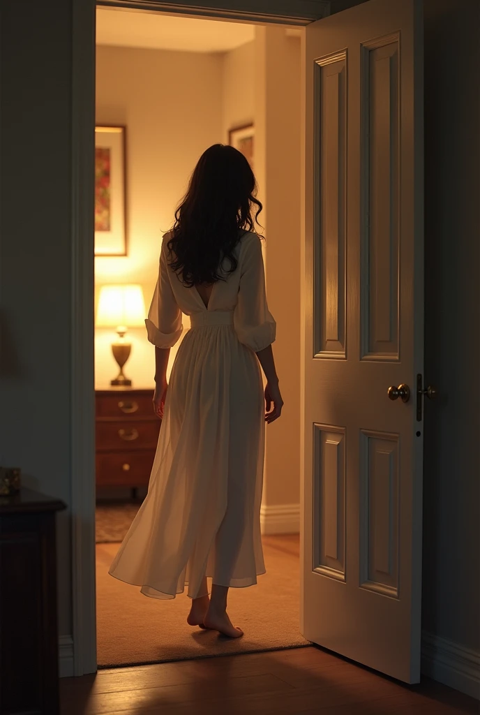 A shining angel at the door of a room, Talking to a woman who is kneeling beside her bed.