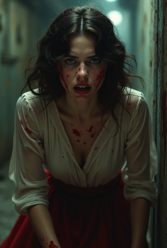 A young beautiful woman, trapped in a haunted Victorian mansion, must navigate a labyrinth of blood-soaked corridors while being hunted by a vengeful spectral entity. Her only weapon is a rusty, antique key, which she believes holds the secret to breaking the curse and escaping the house alive. blood marks on face and crying