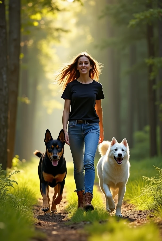 Une femme aux cheveux longs et châtains, habillée d'un jean bleu, d'un t-shirt noir et de bottes de jardinage robustes, court dans une forêt verdoyante et lumineuse. Elle est accompagnée de deux chiens courant à ses côtés, dans la même direction qu'elle. Le premier chien est un Berger de Beauce, noir avec des marquages feu et un poil court, élégant et musclé. Le second chien est un Samoyède, blanc et duveteux, avec une allure dynamique. La scène est capturée dans un style réaliste, montrant la vitalité et l'énergie du mouvement, avec des rayons de soleil filtrant à travers les arbres. L'atmosphère de la forêt est paisible mais vivante, renforcée par l'interaction harmonieuse entre la femme et les chiens.