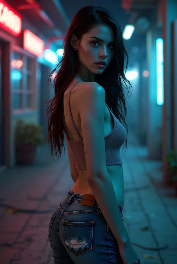 Goth girl with a big ass in denim shorts and black hair 