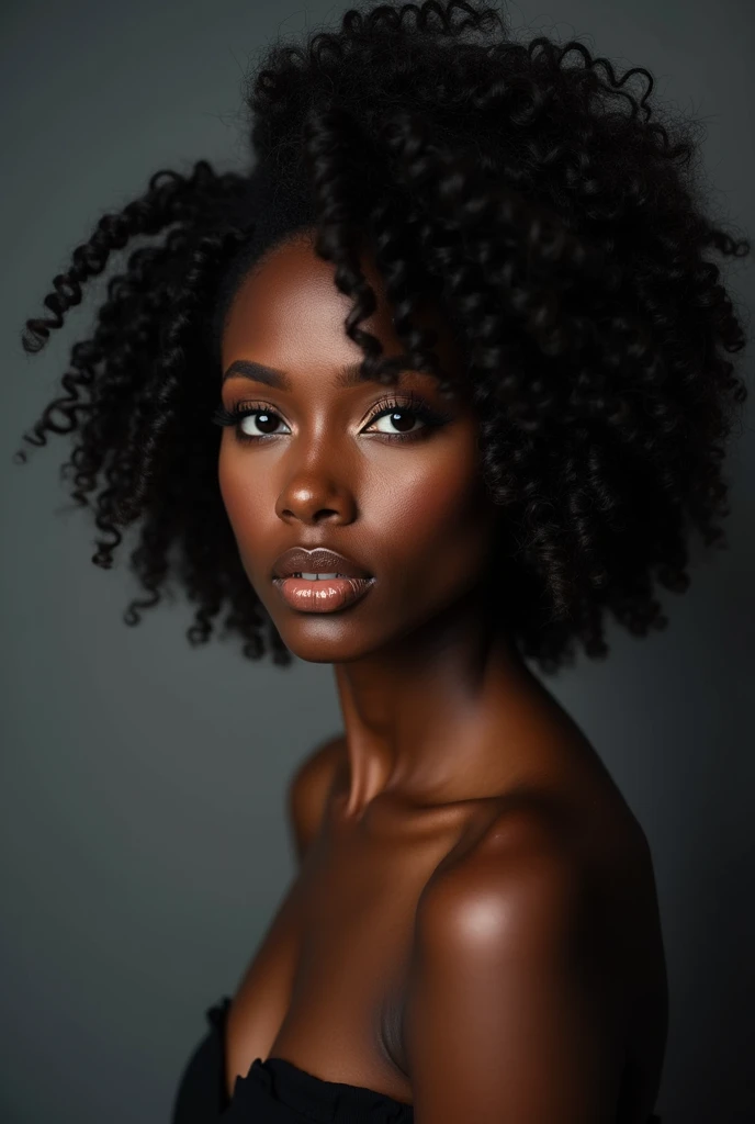 Create a hyper-realistic photo of a (((black woman))) with black hair, shown from the bust up, with her entire upper body fully visible within the frame. Her hair should be extremely voluminous, well-groomed and perfectly styled, emphasizing her fullness and health. Make sure the woman is portrayed with a clear and natural expression. The background should be (((completely black))), such as a studio backdrop or transparent, with no details or distractions, just a smooth white surface. Use soft, flattering lighting to highlight the texture and shine of her hair and skin. The photo should be ultra-photorealistic, crystal clear, 8K UHD, with fine detail and a high-quality polished finish. Make sure the entire image is sharp and in focus, with no blur or softness. Use the lens wide open for maximum sharpness and ensure that every detail in the image is perfectly clear and in focus.