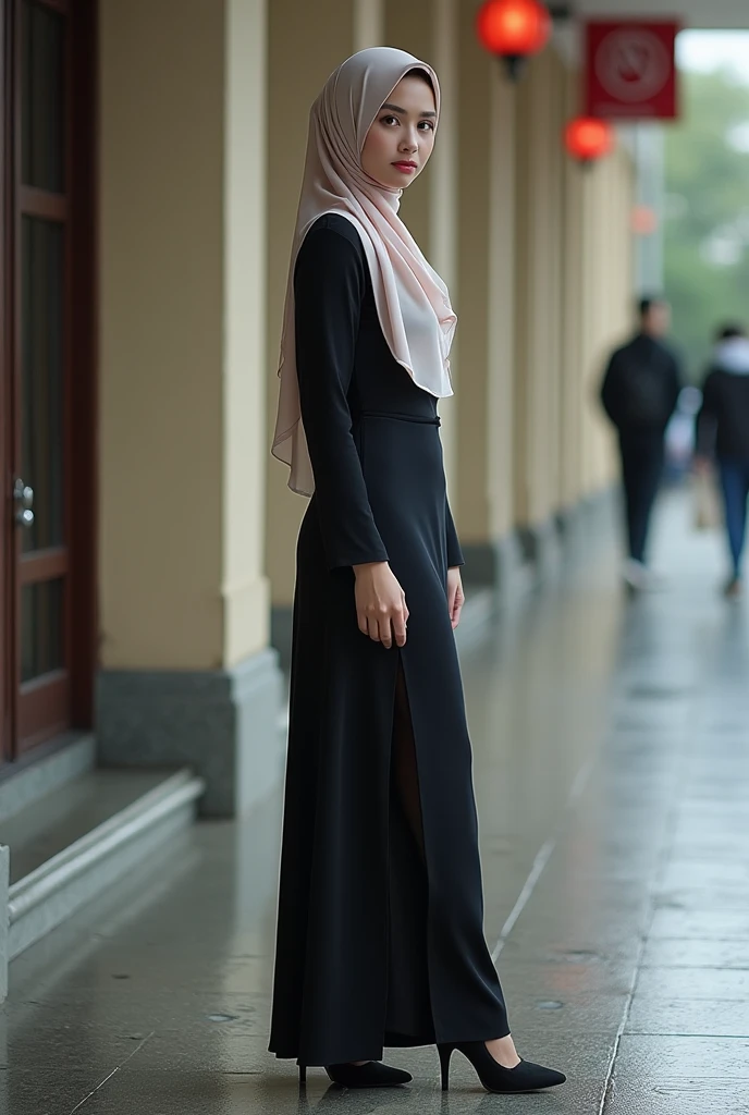 full body shot:0.8, chubby, wearing hijab, ((black baju kurung)) ,long eyelashes, solid circle eyes , long legs, light smile, ear blush, Surrealism, drop shadow, anaglyph, stereogram, tachi-e, pov, atmospheric perspective, 8k, super detail, accurate, best quality, high details, accurate, anatomically correct, anatomically correct, anatomically correct, night city background