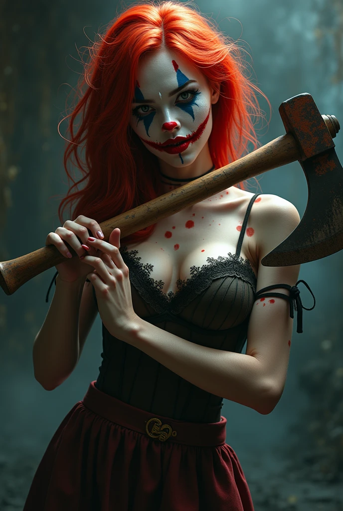 Hyperrealistic, digital, ((full body shot)), ((beautiful curvy woman, ((massive breasts)), ((wearing a revealing outfit)), white skin, red hair, devilish grin, devil eyes, boots), (((nose ring), (lip ring), (eyebrow ring), (earring))), (red organic rot DonMD3m0nXL)), ((standing in a detailed art studio up to no good wicked fun, rainbow splatter, fantastical whimsical horror)), ZIP2D, ziprealism, SK_DIGITALART
