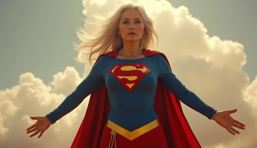 Julie Hagerty(((very beautiful old Supergirl (((1984s costume))); Julie Hagerty))) Super old woman Julie Hagerty; confident, powerful, indestructible, attractive; big and firm chest; strong breasts; saindo de uma cabine telefônica e decolando para o céu, By Georege Perez