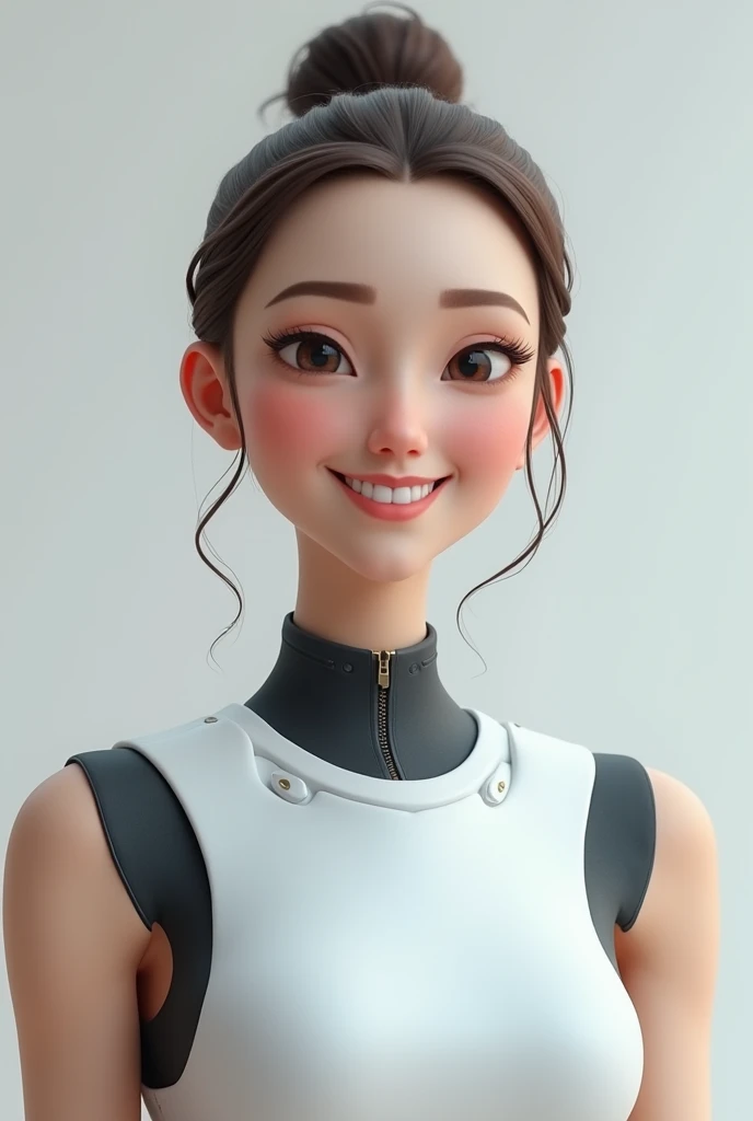 Create cartoonish caricature 3D animation with a big head. a 19 years old Indonesian woman. She has short, black updo hair. Her face is oval-shaped with smooth lines, thick and neat black eyebrows, normal  eyes, a small pointed nose, and thin lips with a wide, friendly smile. She is wearing a light grey leather jacket over a white t-shirt. Gradient blue background with professional lighting. masterpiece, top quality, skin and face very detailed, ultra-realistic, high definition, studio lighting, sharp focus, body angle 2/3, Concept Art, 3D render.