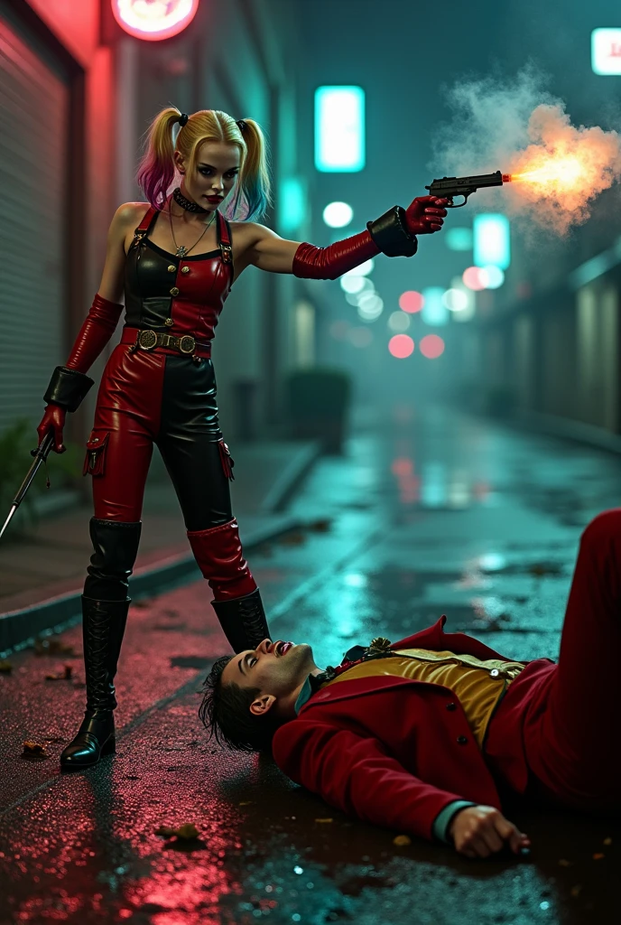 Margot Robbie as Harley Quinn (insane pretty face, tiny themed outfit Harley Quinn makeup on body, blood spatter) is wielding a bloody ball bat. Harley is standing over a confused Saitama who is lying on the ground on his back (iconic yellow suit, blood spatter, red cape, bald head). Downtown Tokyo