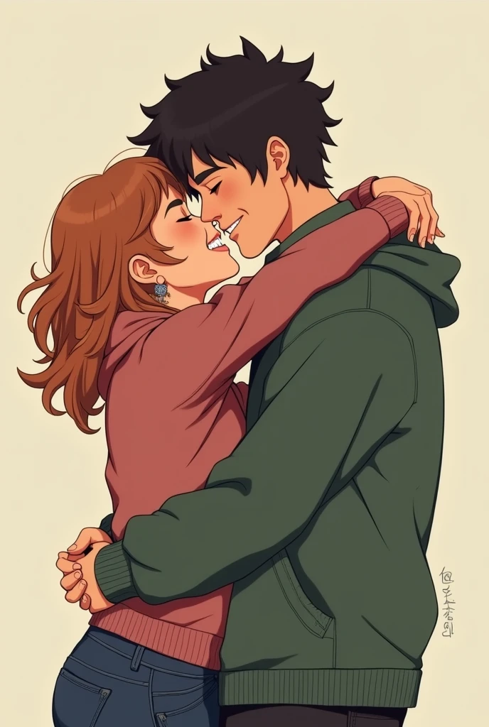 Two people hugging and one of them looks envious and mocking 