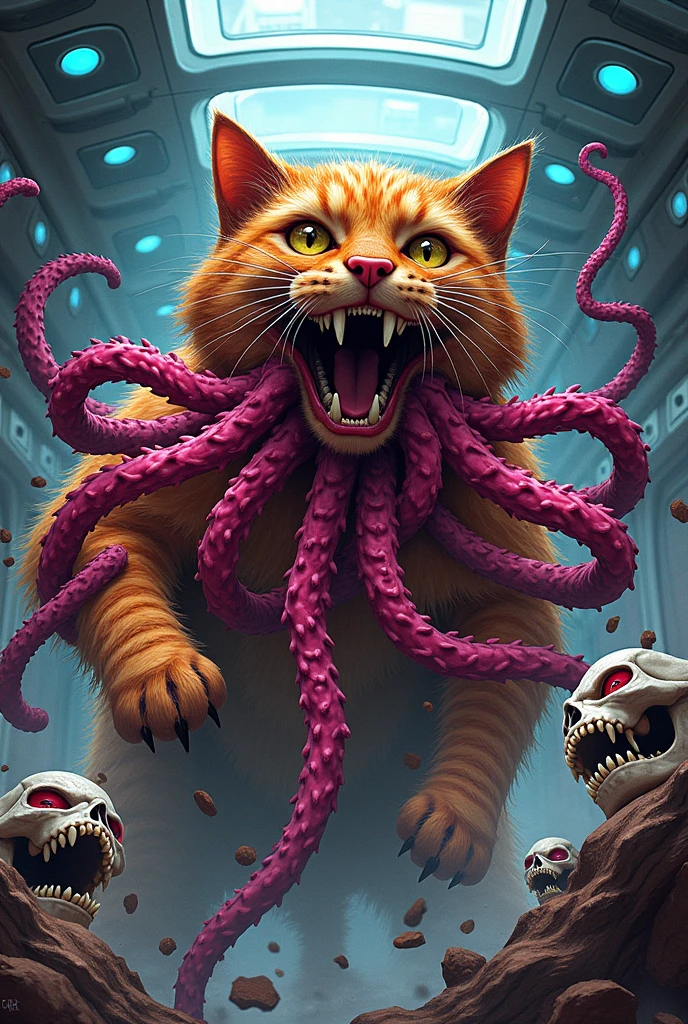 a detailed flerken, from marvel comics, orange cat with (tentacles in the mouth:1.3), epic scene, wearing a black collar, (cinematic:1.2), dynamica angle, masterpiece, best quality