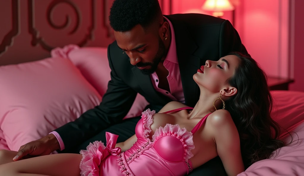 (xlsanaa, kenyan, dark skin, Style-Princess) (1 man, 1 catgirl) (hetero, couple) (crossdressing, fully clothed) (portrait) (women's clothes only) (women's beautifully feminine skintight velvet floral print frilly girly pink adorable ballet leotards) (white opaque tights, no shoes) (tiaras, pink shoulder-length silk gloves:1.3) (woman's bedroom, four-poster bed) (lying down, hugging, bending knee) (intimacy, playfulness, closeness)
