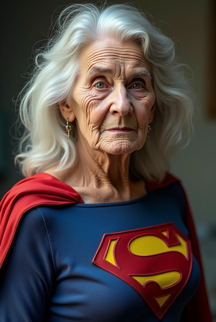 superstrong old  Supergirl Jean Smart Supergirl((1980s Superman costume);strong arms; incredible woman; big breasts.  HD. Photograph, ((realism)), extremely high quality RAW photograph, ultra detailed photograph, sharp focus, high resolution, (detailed skin:1,3),high quality, film grain, Fujifilm XT3,Highly Detailed, movie, (Cinematic Photo:1.3) of (Realistic:1.3), by John Byrne/Jerry Ordway