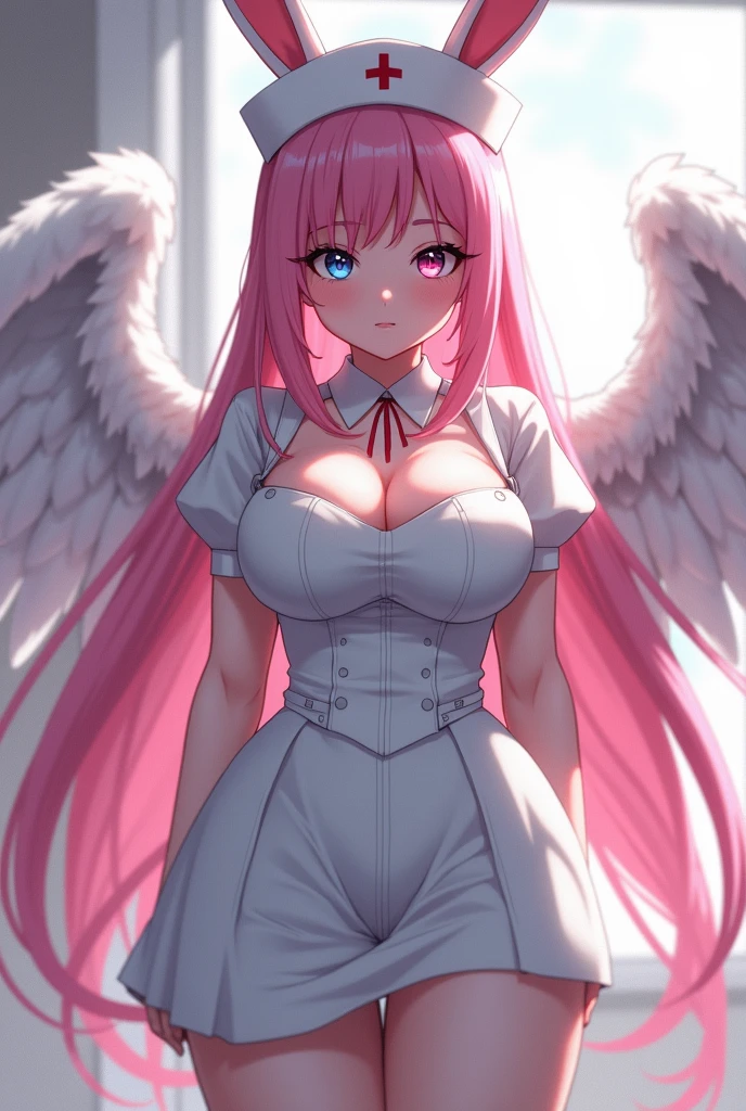  Anime girl rabbit nurse with large bust ,  wide hips extremely long pink hair, the first gray eye and the second pink eye , tez blanca, with angel wings 