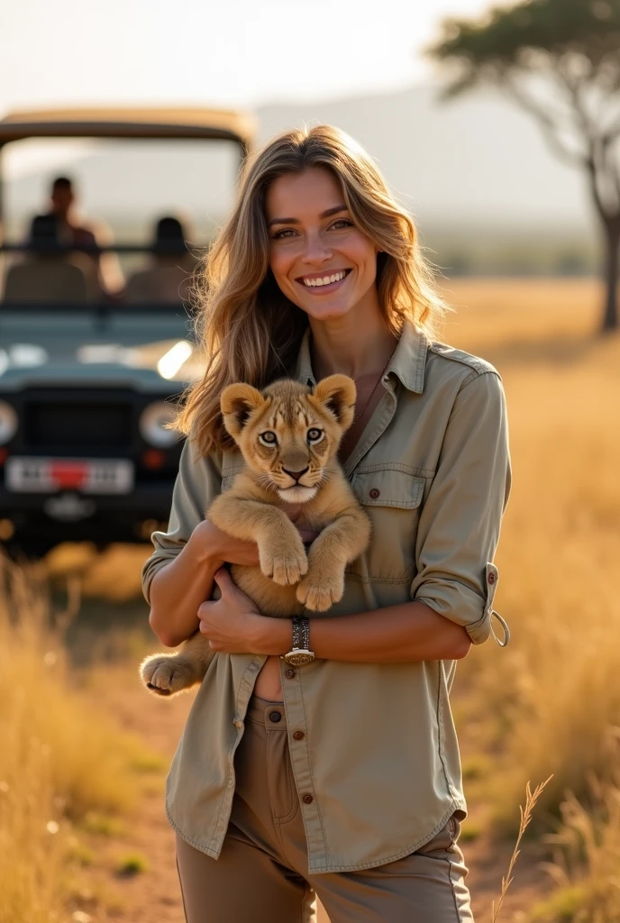A dynamic, photorealistic image capturing a playful moment. It features a young African woman with short, curly black hair, laughing as she playfully wrestles with a mischievous lion cub. She is topless and dressed in comfortable khaki shorts and a loose blue t-shirt that is completely torn, especially around her chest area. The t-shirt is ripped open, revealing a significant portion of her breasts, she has big boobs, emphasizing the extent of the damage to her clothing. Her eyes sparkle with joy. The lion cub playfully bites at her torn t-shirt while she gently tries to hold it back. The two are positioned in the middle of a field of tall, golden grasses, with a spectacular sunset casting a warm glow over the scene. The woman wears a beaded bracelet. The sun is positioned just behind her, creating a backlit effect