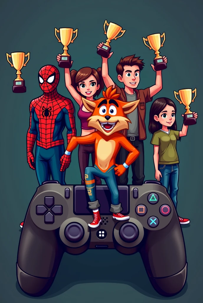 Make me a picture of the following characters holding up platinum trophies.Also make it pixelated.The characters are spider man,Ratchet and clank,crash bandicoot,kratos,Jin Sakai,Ellie from the last of us and Joel from the last of us.all with a controller background