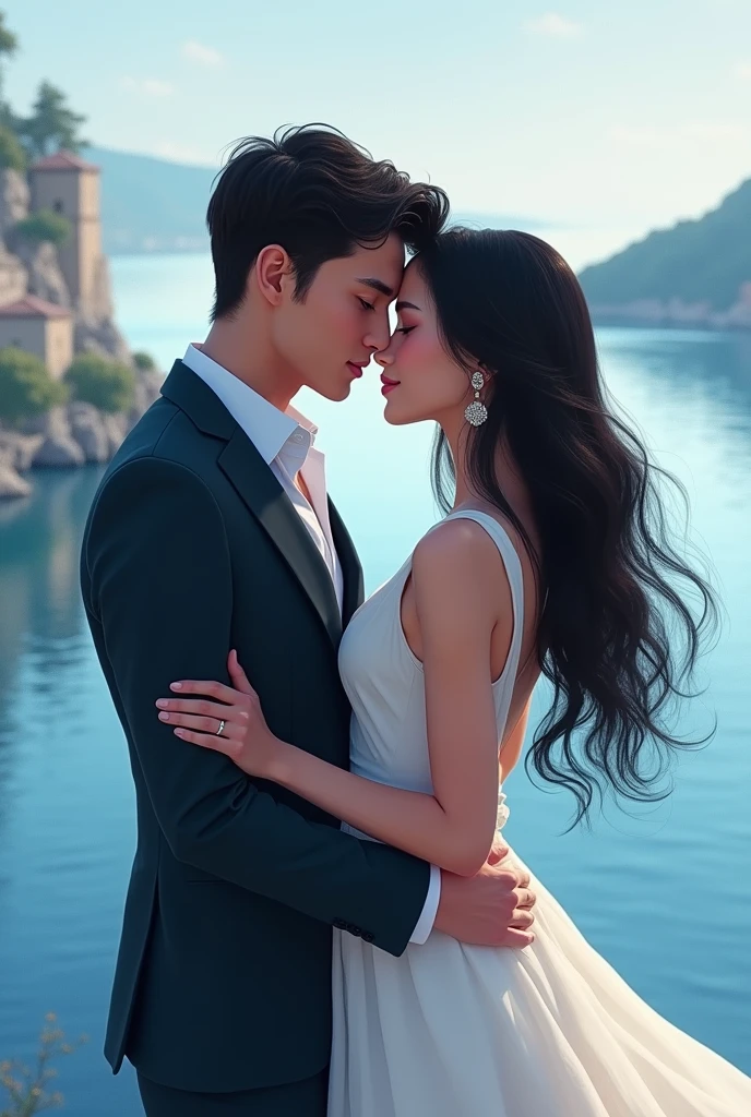 (best quality,4k,8k,highres,masterpiece:1.2),ultra-detailed,(realistic,photorealistic,photo-realistic:1.37),HDR,UHD,studio lighting,ultra-fine painting,sharp focus,physically-based rendering,extreme detail description,professional,vivid colors,bokeh,portrait,romantic,light and shadow,perspective,subtle color grading,aesthetic lighting

A man with a well-defined jawline and intense gaze, his beautiful blue eyes sparkling with passion and desire, his long, dark eyelashes adding an alluring touch, as if they were carefully painted by a master artist. The man's lips are full and perfectly shaped, with a hint of a smile that reveals his confidence. His face is chiseled and exudes masculinity, with a faint stubble accentuating his rugged charm.

He is dressed in a white t-shirt layered with a pink denim overcoat, creating a stylish and trendy ensemble. The overcoat drapes elegantly over his shoulders, adding a touch of sophistication. Paired with black cargo pants that fit him perfectly, he exudes a sense of casual coolness and effortless style.

In contrast, a sexy woman stands beside him, wearing a black tank top that highlights her sculpted figure. The tank top perfectly hugs her curves, enhancing her allure. She wears a dark green long skirt that flows gracefully, creating a sense of movement and adding a touch of elegance to the scene. Her radiant smile and captivating gaze reveal her confidence and magnetism.

They are standing on a luxurious cruise ship, with the shimmering blue ocean stretching endlessly behind them. The ship's deck is bathed in warm, golden sunlight, casting soft shadows that accentuate their features. The gentle sea breeze rustles their clothes and adds a sense of spontaneity to the moment.

The portrait captures the intimate moment as they share a passionate kiss, their bodies entwined in an affectionate embrace. The powerful chemistry between them is palpable, filling the air with romance and desire.

The scene is brought to life with incredib