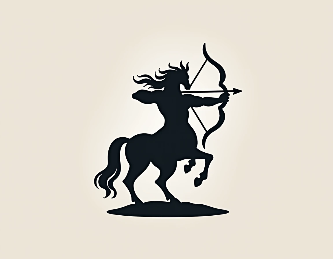 A flat carving of round mahogany placed on a white tabletop vividly depicts a centaur archer holding a bow and drawing a bow and shooting an arrow