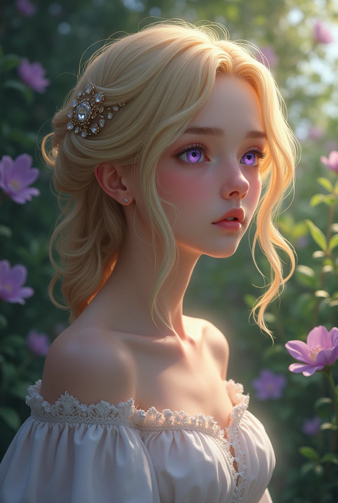Create a realistic fantasy scene featuring a proud woman in an enchanted pastel garden. She wears a French silk ballgown adorned with ruffles and bows. Her face, highly detailed with soft lips, shines with intricate features and stunning eyes. Surround her with eternal roses in shimmering shades. Add whimsical details like stars, bubbles, and glitter for an enchanting touch. Ensure perfection in her face, hair, and eyes. Incorporate elements of high fantasy, whimsy, and detailed elegance.