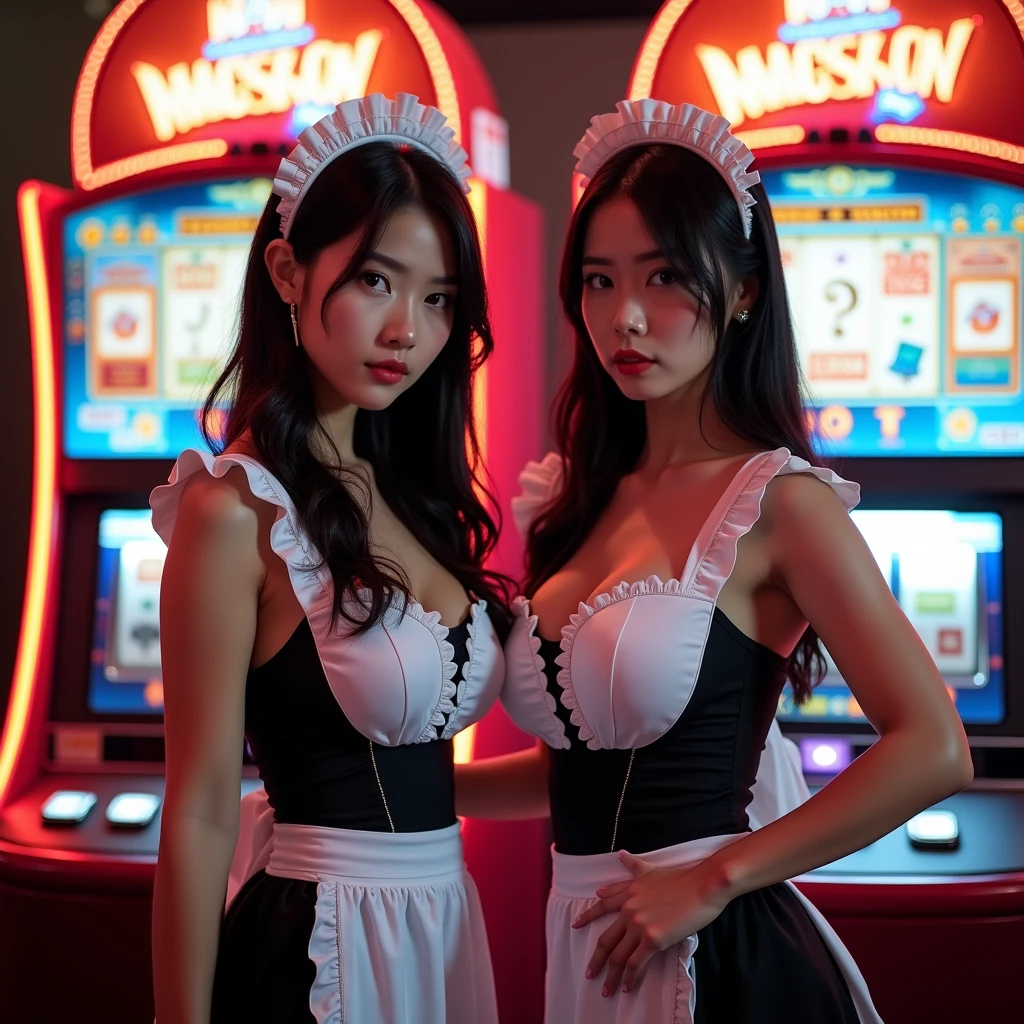 (Thai woman),((highponytail)),(forehead),(Bunny Girl Cosplay :1.3),A bow tie,Casino Clerk,(enormous breasts:1.6),(slim waist:1.3),(Glittering),(Roulette,Slots),big smile, (cowboy shot:1.4),8k, UHD,