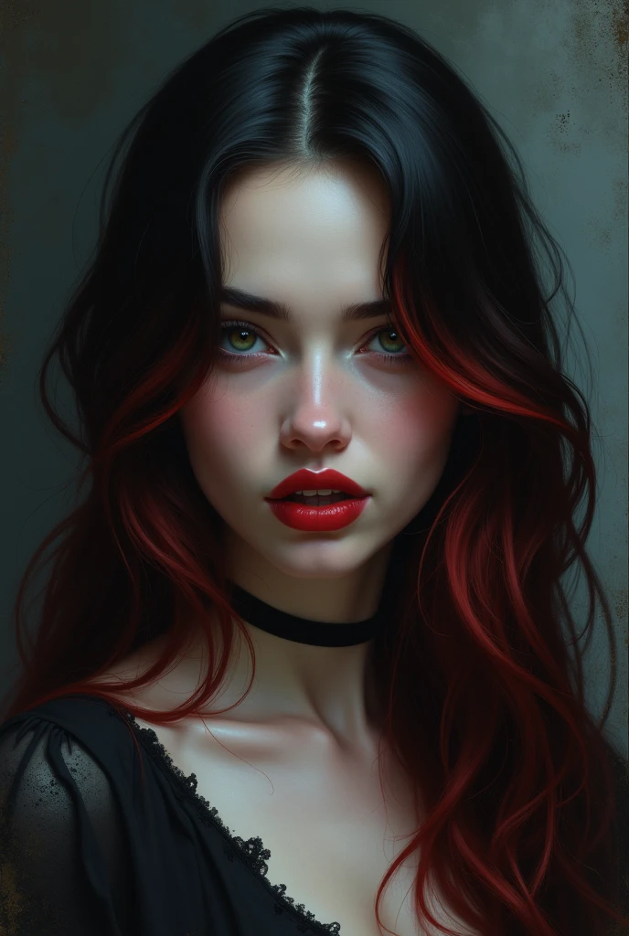 aa portrait of vampire with a bloody tear coming down from he eye, an exotic beautiful female vampire, dynamic hair color hair color, dynamic hair style, ultra detailed face, best detailed face, silver eye color, ((1single red teardrop: 1.3)), ((tear drop made from blood)), ((teardrop coming down from the eye: 1.3)), small cleavage, wearing two black diamond earrings, Ultra-high resolution, High Contrast, (masterpiece:1.5), highest quality, Best aesthetics), 16K fantasy art, best details, best quality, highres, (ultra wide angle: 1.2), 16k, [ultra detailed], masterpiece, best quality, (extremely detailed), ladyshadow, magical sky, crying style, vampire teeth