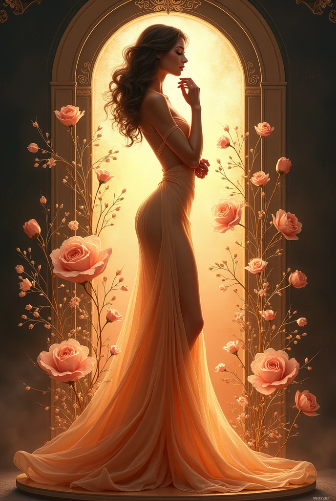 Cartoon image of an elevator door opening and a beautiful woman with long hair and good proportions.