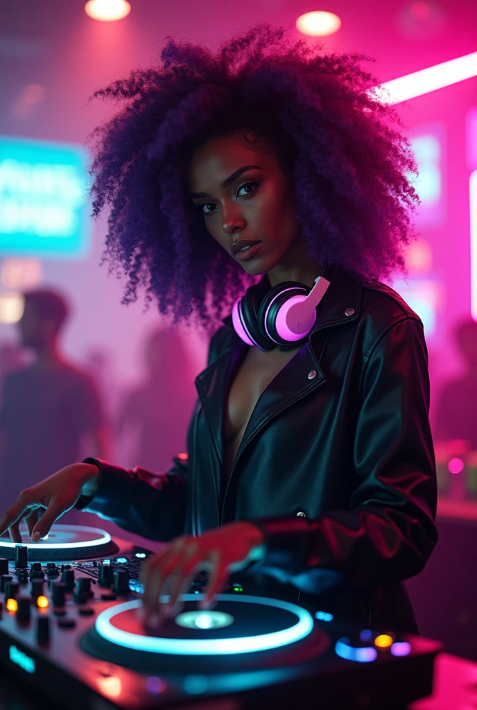 fking_scifi, fking_scifi_v2, retrato de uma jovem dj, com fones e aparatos de djs, mulher fitness africana muito bonita e atraente, em uma danceteria, casa noturna, roupas coloridas ricas e joias africanas douradas, close-up, pose real e atitude. fking_cinema_v2. Animation poses of your audience, who listens to his electrifying electronic music.
