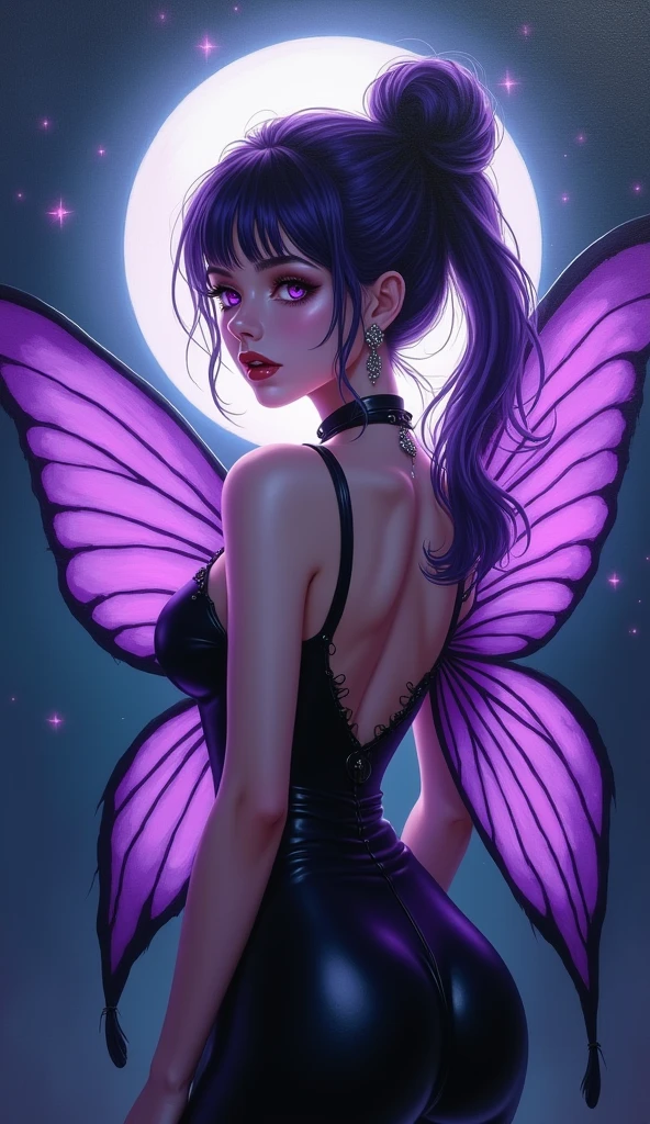 elvish ears,Purple and black suit,Long legs,Colorful butterfly wings,Skysky,Moon,Fly hand in hand with girls
