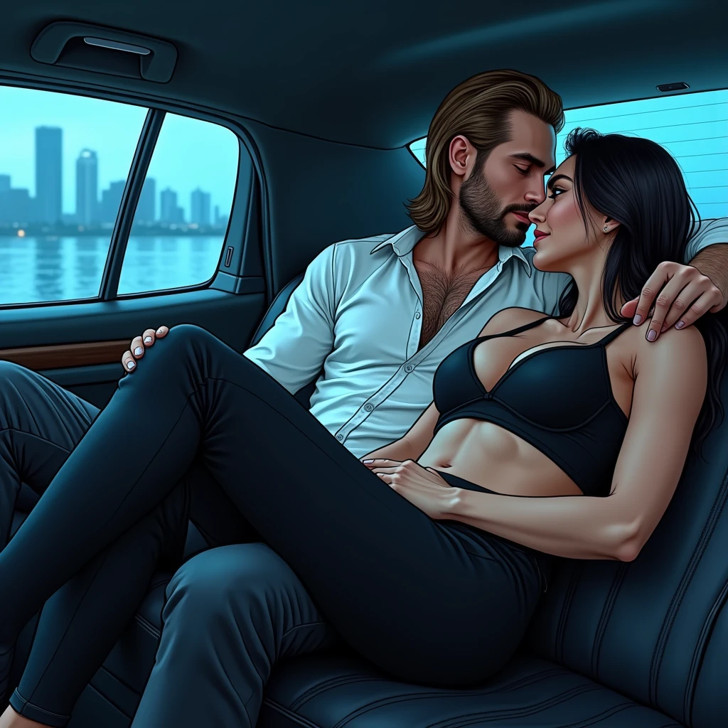 The man in his 45s with black very short hair and smooth face with moustache. The woman in her 45s with brown wavy long hair. They are naked. They are in the backseat of a luxury car. Night. Dark. Cowgirl sex. The woman is moaning. They are hugging. Orgasm. Passion. Erotic. Ultra realistic.